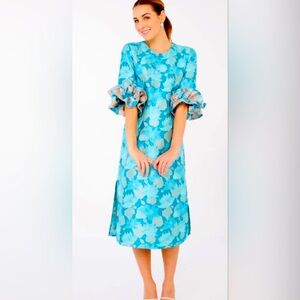 Abbey Glass Bronwyn Dress in Aqua Jacquard Floral